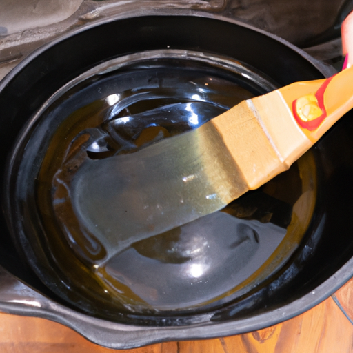 Applying a thin layer of oil to the interior surface of a Dutch oven for seasoning.